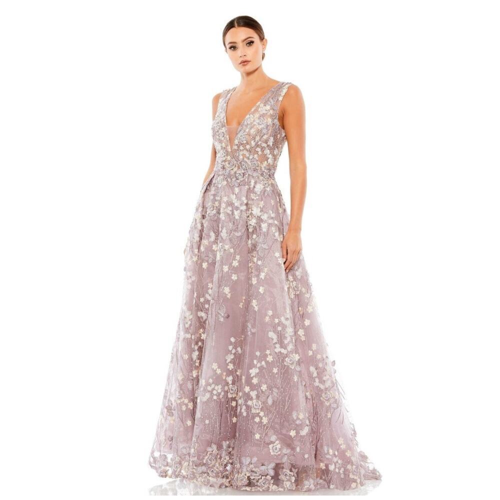 Mac Duggal Women's Floral Embroidered Illusion V-Neck Gown lilac Purple SZ 2 NWT
